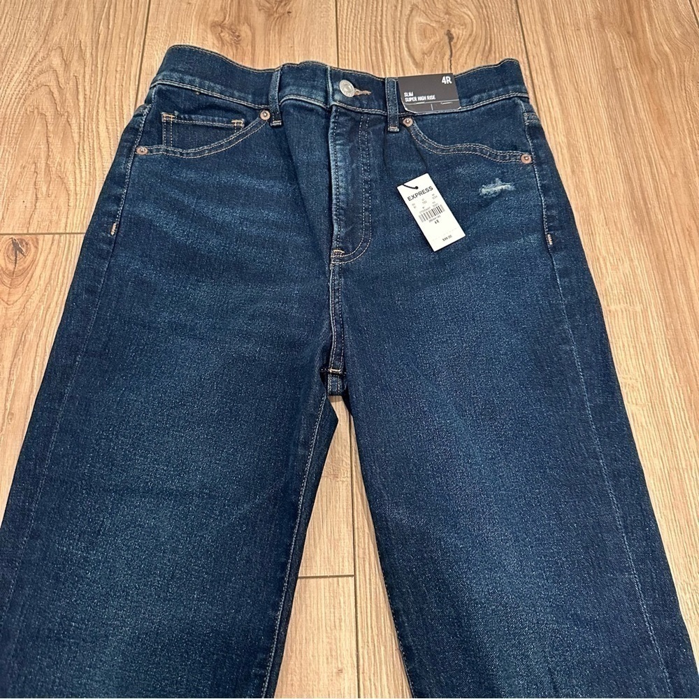 NWT Express Slim Super High Rise 4R Distressed Dark Denim - Picture 3 of 13